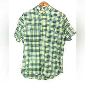 Psycho Bunny neon green plaid short sleeve button down shirt Size Medium